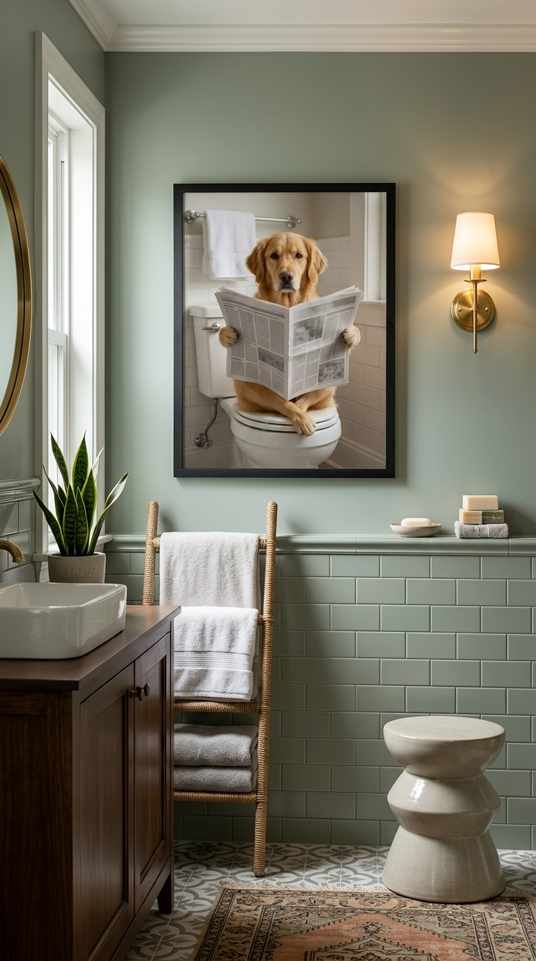 Pawder Room dog art hanging in a polished bathroom